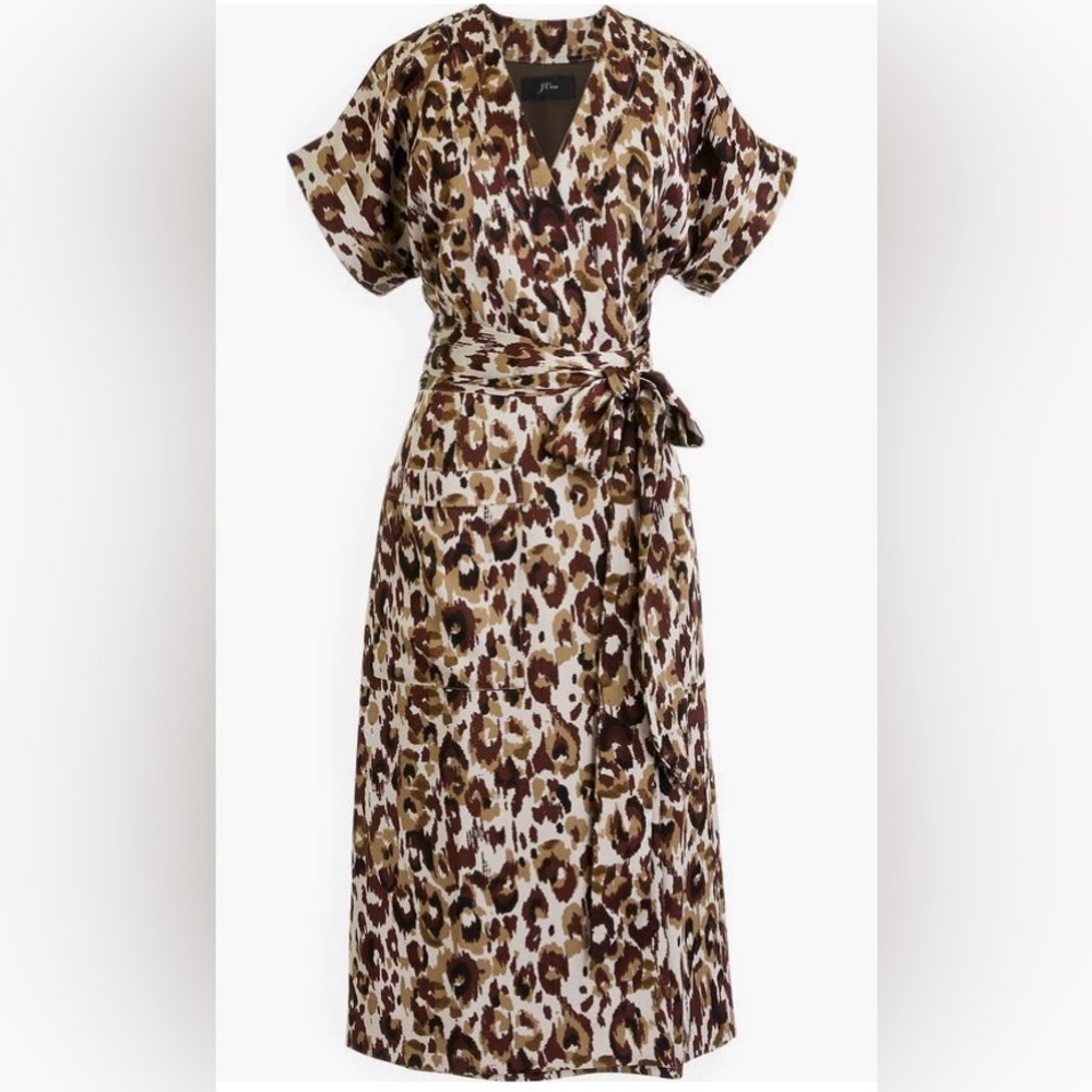 EUC J.CREW Animal Print Satin Crepe Wrap Dress M In Autumn Cheetah Brown/Olive